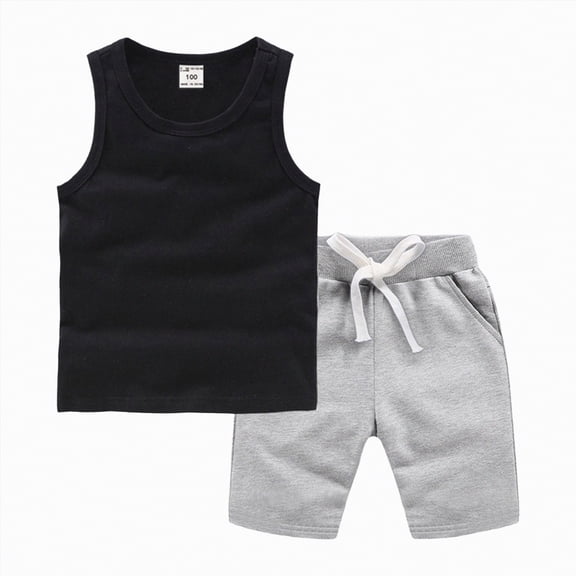 NOLDARES Toddler Boys 2-Piece Tank Top Shorts Set Summer Sleeveless Graphic Design Casual Wear Black,1-2 Y