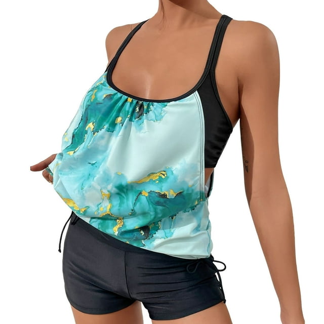 RKSTN Womens Tankini Bathing Suits with Shorts Athletic Two Piece Bathing Suits Conservative Print Tank Tops Swimwear