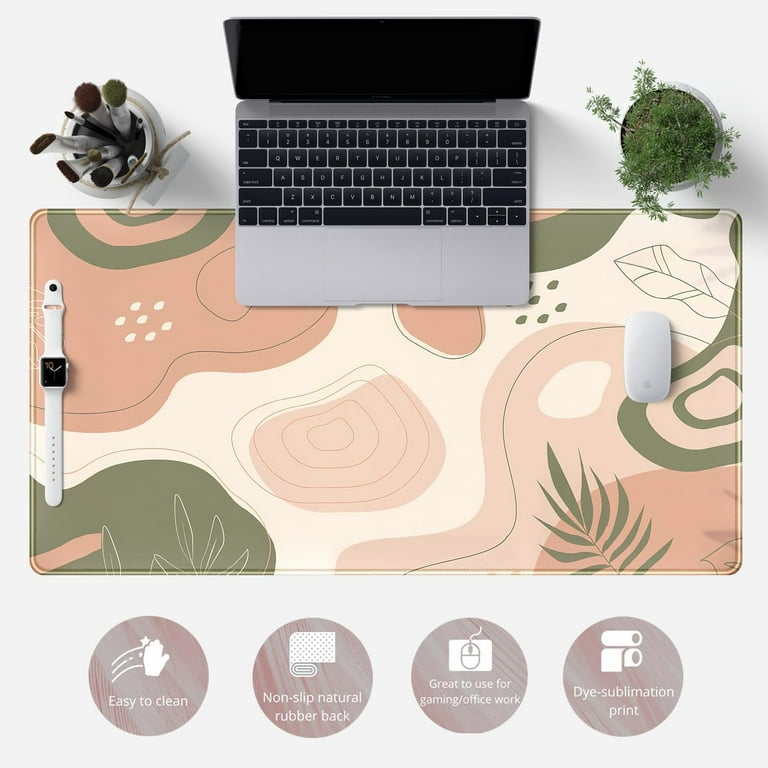 Boho Green Cream Desk Mat Boho Kawaii Green Mouse Pad Cute Desk Mat Large Aesthetic Mouse Pad XL Desk Decor for Women with Stitched Edge Mouse Desk