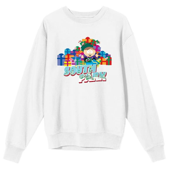 South Park Cartman With Presents & Logo Crew Neck Long Sleeve Adult White Sweatshirt-Medium