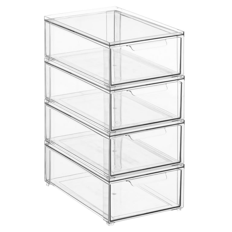 mDesign Plastic Stacking Closet Storage Organizer Bin with Drawer, 4 Pack,  Clear