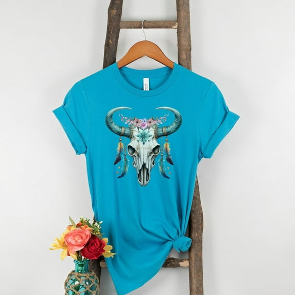 Skull Dreamcatcher Shirt, Boho T-shirt, Dream Catcher Tee, Dreamer Tee, Floral Skull Shirt, Dreamcatcher T-Shirt, Inspirational Shirt (Colors:Aqua; Sizes:M;)