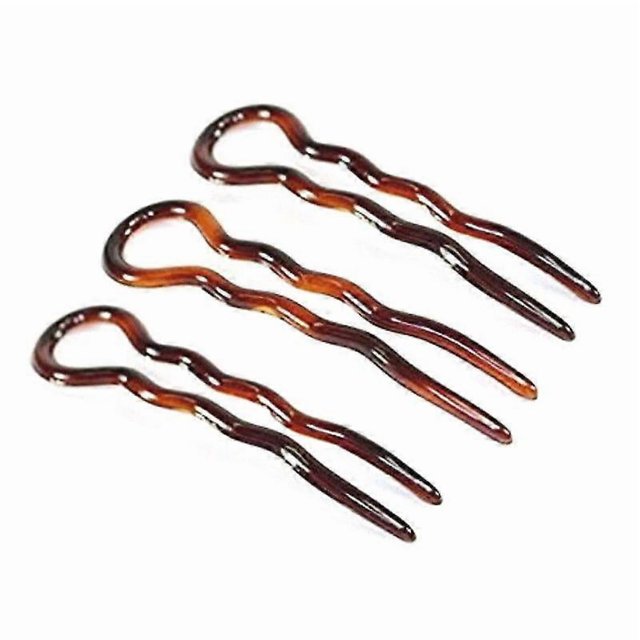 French Sleek Brown Tortoise Shell Large 3 1/2" Celluloid Made in France Set of 3 Wavy Crink U Shaped Chignon Hair Pins Updo Bun Pin Sticks for Women a