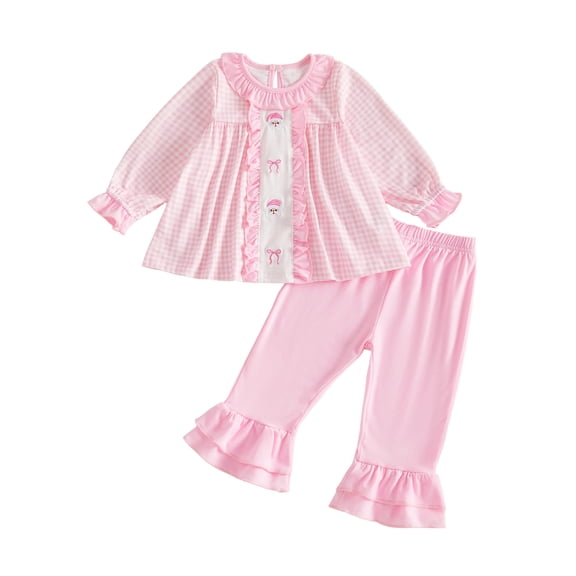Cjfdfy Toddler Baby Girls Christmas Outfit Long Sleeve Plaid Tops With Bell Bottom 2 Piece Set Cute Santa Claus Christmas Tree Embroidery Christmas Fall Winter Clothes