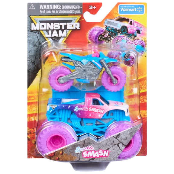 Monster Jam Sparkle Smash Monster Truck and Dirt Bike Vehicle 2-Pack, 1:64 Scale
