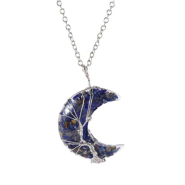 Zhuge Colgante de collar con forma de árbol de la vida, accesorios para collares para hombres y mujeres, colgante de luna de grava de cristal de colores (hilo plateado azul oscuro)