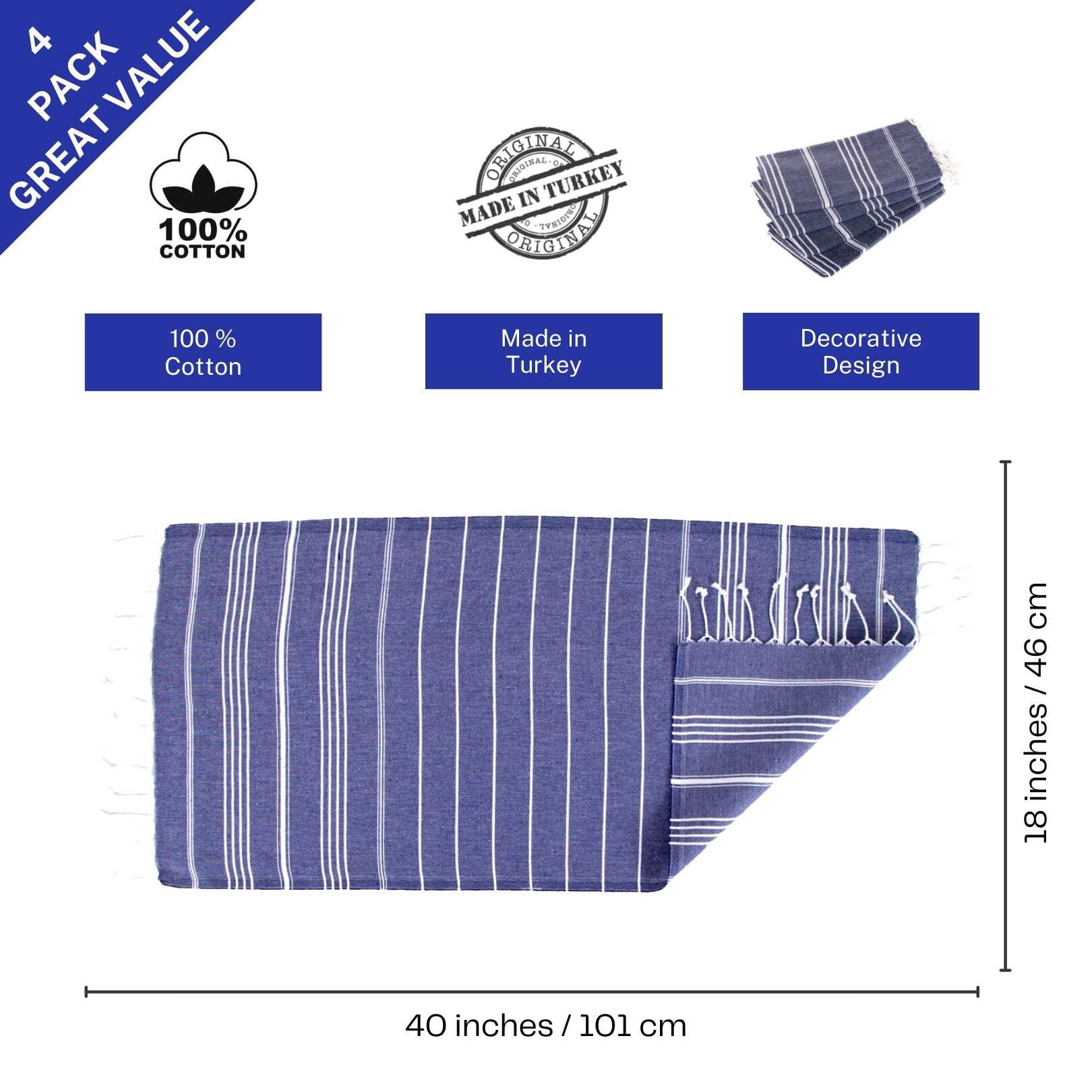 Clotho Hand Towel Set of 4, Navy, 100% Cotton 18 X 40 inches (Classic)