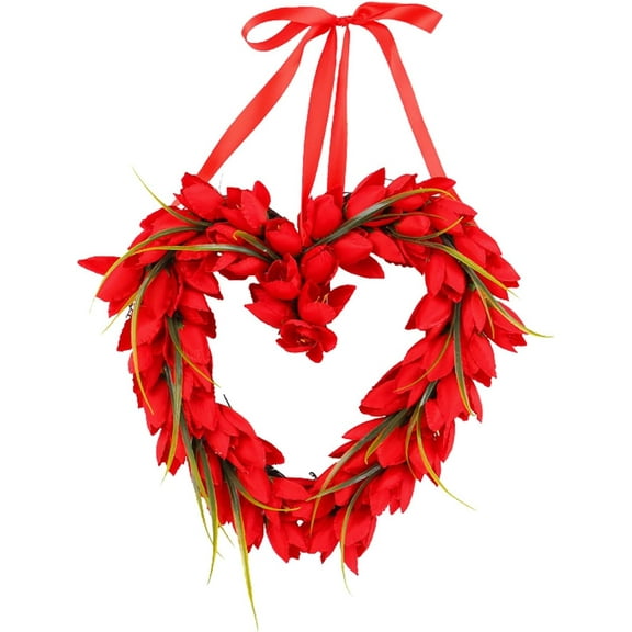 Valentines Day Heart Shaped Tulip Wreath, Floral Wreath Handmade Artificial Flower for Home Wedding Holiday Decor