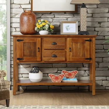 CoSoTower 48'' Solid Wood Sideboard Console Table with 2 Drawers and Cabinets and Bottom Shelf, Retro Style Storage Dining Buffet Server Cabinet for Living Room Kitchen Dining Room(Brown)