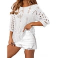 thumbnail image 4 of Womens Summer Tops Hollow Out Beach Crochet Cover Ups Off Shoulder 3/4 Sleeve Pullover Casual Sweater Shirts for Vacation, 4 of 5