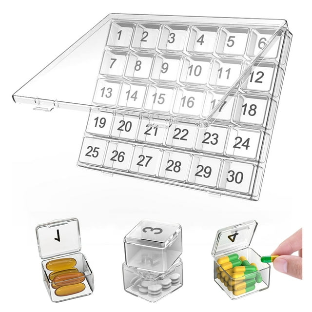 30-Day Pill Organizer Monthly Case with Large Compartments, Box for Vitamins and Medication, Transparent