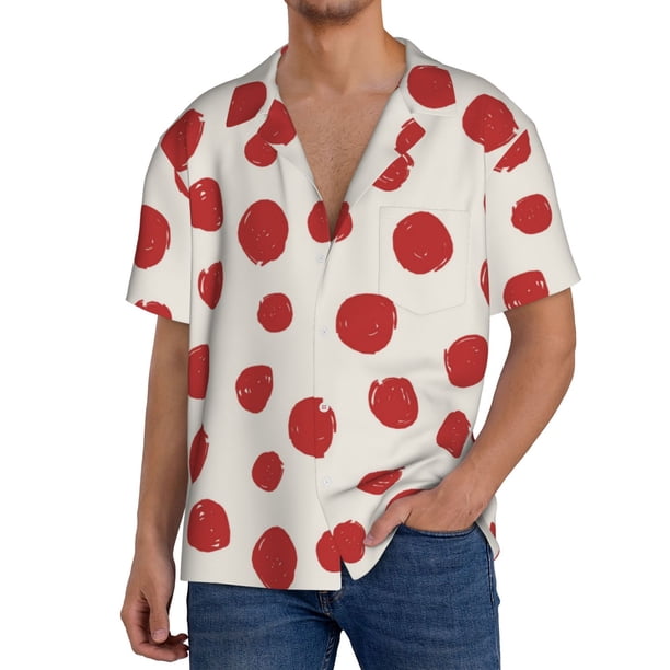 Balery Abstract Red Polka Dot Camisa Casual de Manga Corta con Botones para Hombre, Texturizada, Estilo Cubano, para Playa, Verano-3X-Large