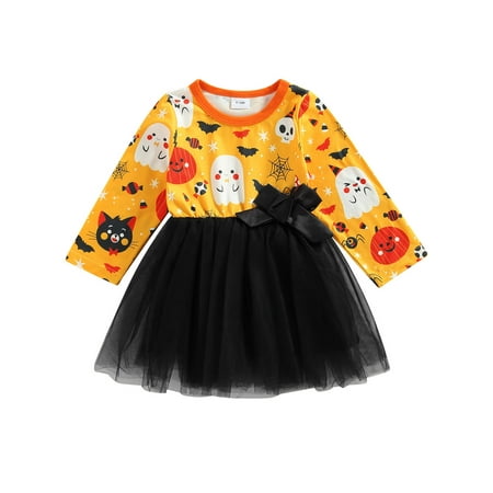 

Calsunbaby Kids Baby Girls Halloween Dress Cartoon Cat Bat Pumpkin Print Layered Tutu Dress Princess Party Dress Black 18-24 Months