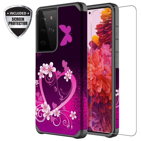 Galaxy s21 Ultra Case with Screen Protector for Girls Women, Dual Layer Heavy Duty Protective Phone Cover Cases for Galaxy s21 Ultra - Hot Pink Heart