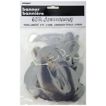 Anniversary Banner - Script 60th Anniversary Banner, 4.25 ft, Silver, 1ct
