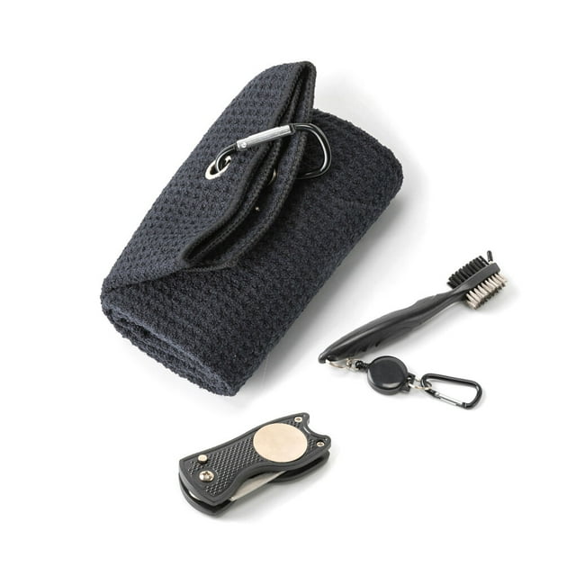 pitrice 3Pcs Golf Towel and Club Cleaning Brush Kit Divot Repair Tool with Ball Marker Golfer Set Accessories Black