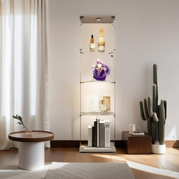 Glass Display Cabinet with Lights and Lock, 4-Tier Display Case Curio Cabinet with Glass Door, Floor Standing Showcase for Living Room Bedroom Home Office 16.7" W x 14.3" D x 64.5" H