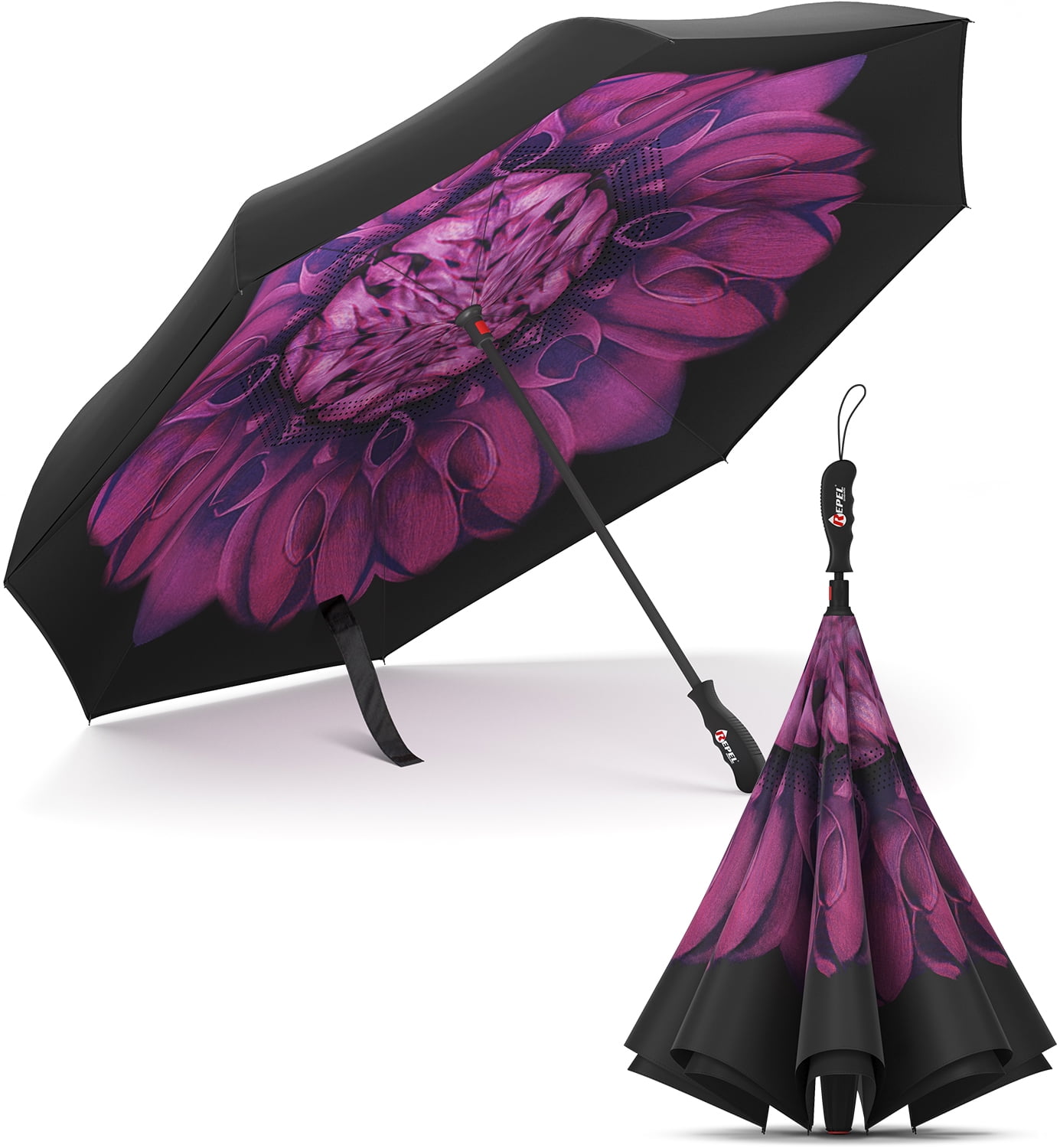 Repel Reverse Umbrella, Inverted Technology, Windproof Fiberglass Ribs, Teflon Purple Flower