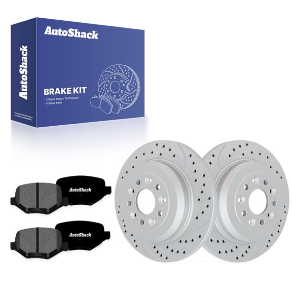 AutoShack Rear Solid Drilled & Slotted Coated Brake Rotors Silver Matte Finish   Premium Ceramic Pads 6-PC Brake Kit Replacement for 2011-2019 Ford Explorer TurboGuard 13.02" (330.6 mm)