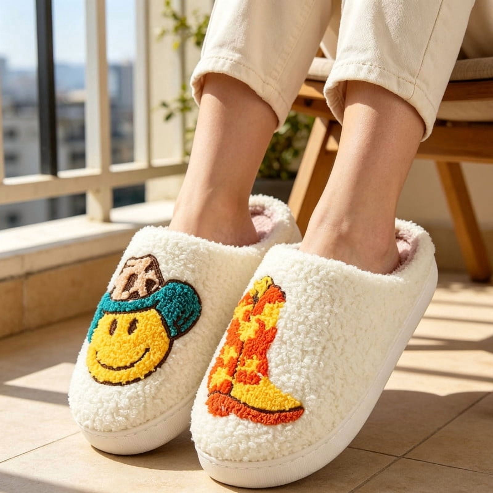 BERANMEY Cute Smile Cowboy Slippers for Women Perfect Soft Plush Comfy Warm Slip-On Western Boots Slippers fo Women Indoor Fluffy House Slippers for Women and Men Non-slip Fuzzy Flat Slides
