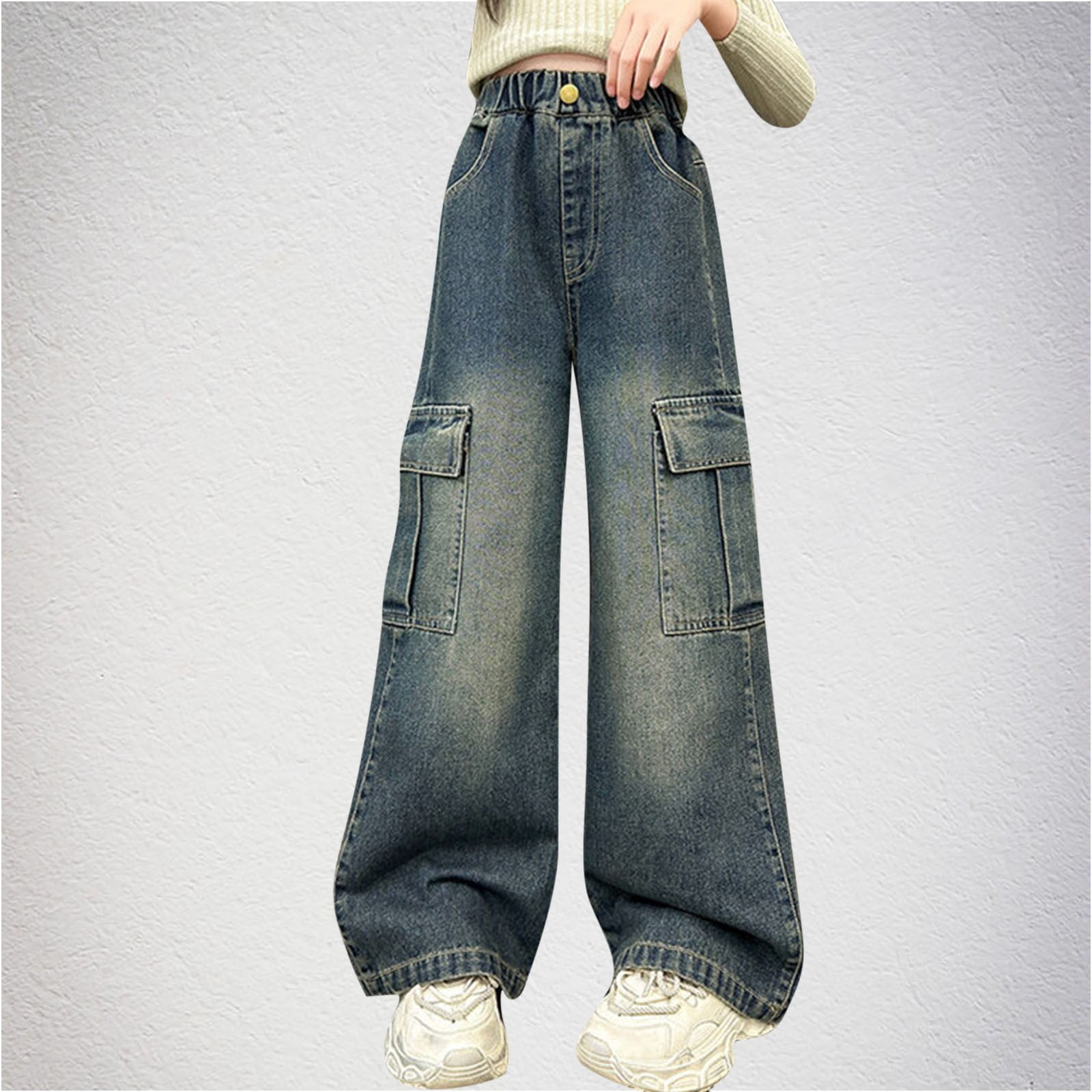ZACPNCV Girls Baggy Jeans Streetwear Denim Cargo Pants Kids Distressed Elastic High Waist Wide Leg Clothes Multiple Pockets 9-10 Years