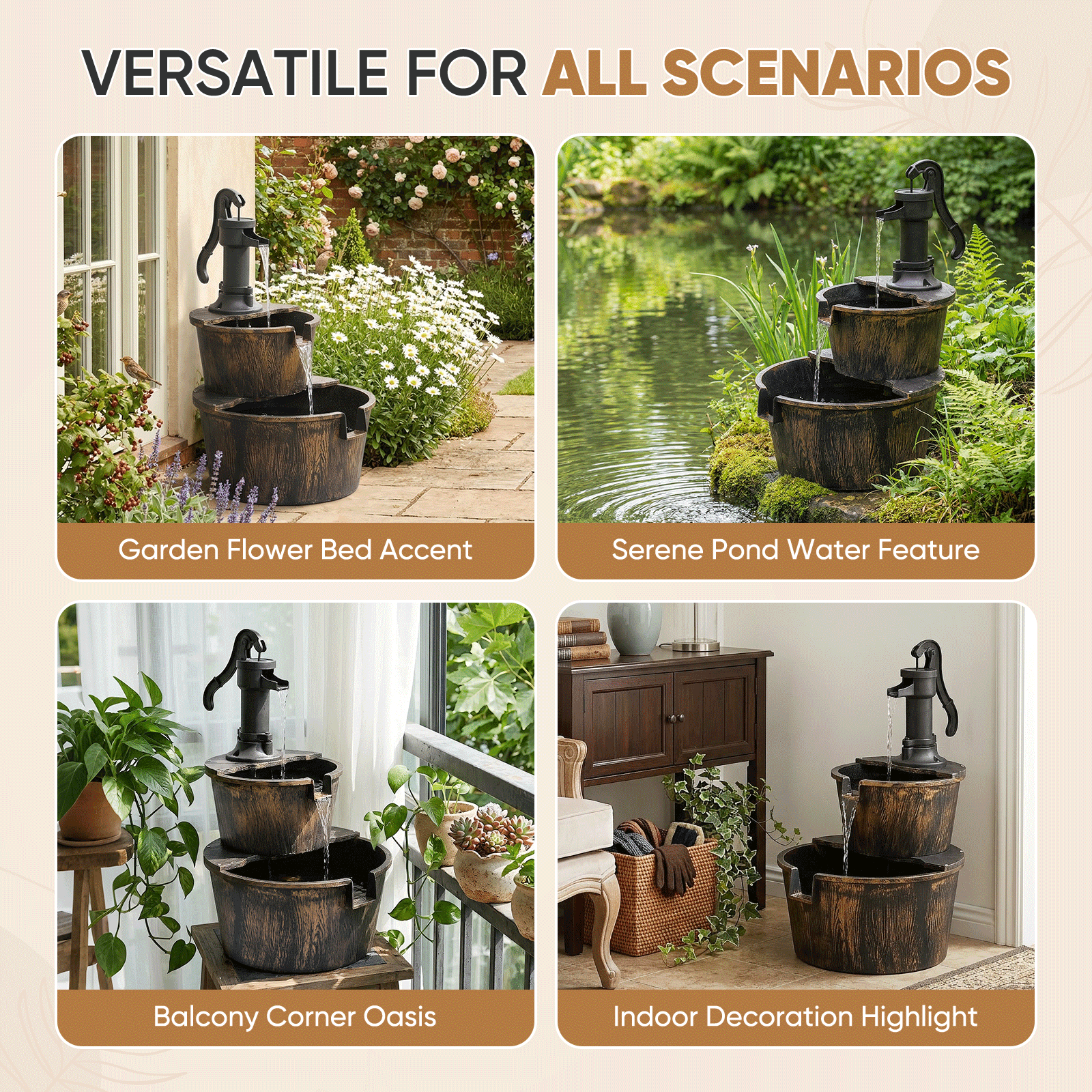 Magshion 27" Barrel and Pump Fountain Outdoor, Cascading Waterfall Fountain with Electric Recirculating Pump for Garden Patio Backyard Décor, Bronze