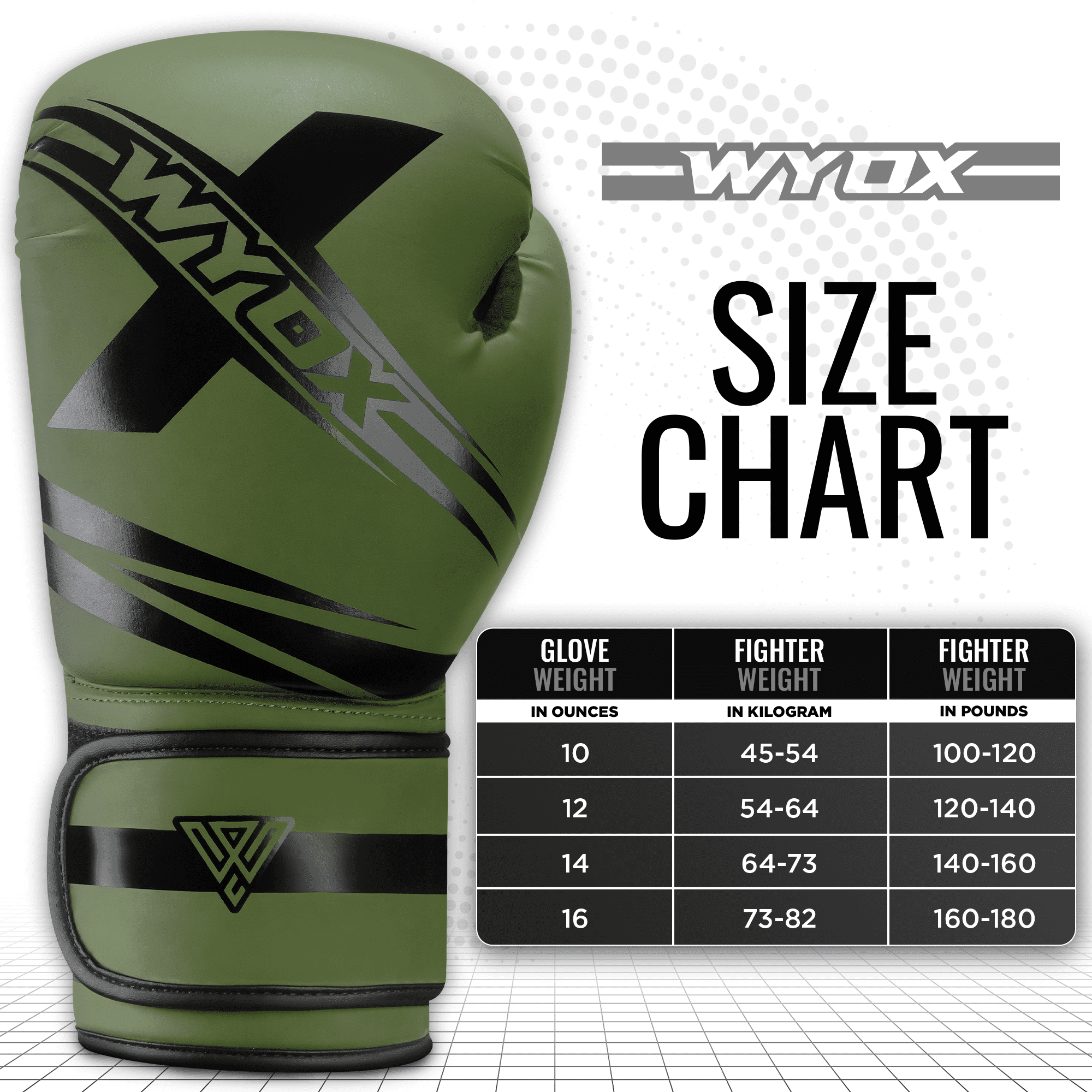 WYOX Sports Boxing Gloves, 14 oz, Army Green, Unisex, for Training, MMA, Kickboxing, Muay Thai, Heavy Bag