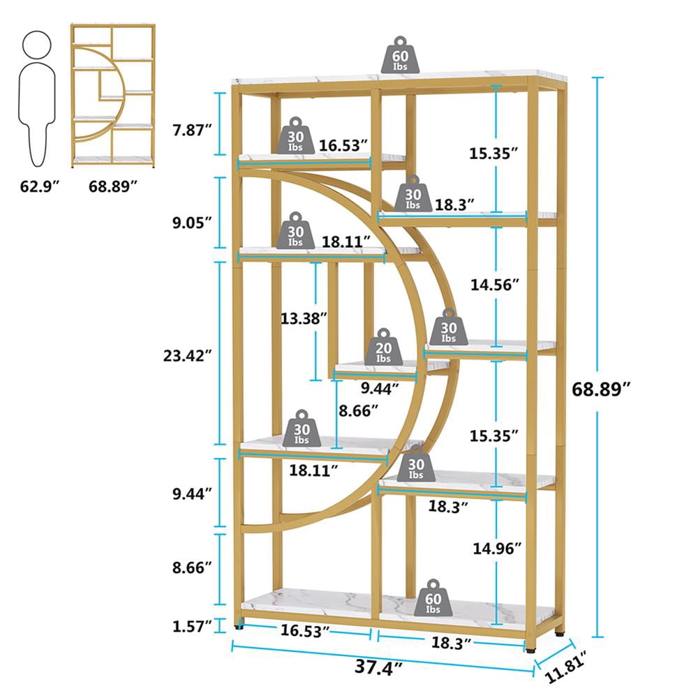 Topcobe Freestanding Bookshelf, 68.9" Etagere Bookcase with 9 Open Shelves, Indoor Furniture, Modern Furniture for Living Room, Gold