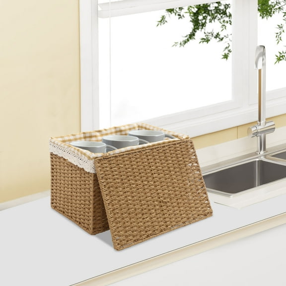 Storage Basket with Lid, Large Storage Bin with Handle & Liner, Rope Woven Basket for Organizing Clothes Toy