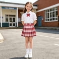 thumbnail image 6 of Girls Uniform Outfit Short Sleeve Puff Sleeve Collared Shirt Plaid Pleated Skirt Set 2 Piece Red 11-12 Years, 6 of 6