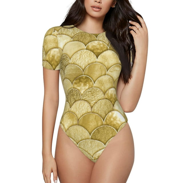 Bingfone Mermaid Fish Scale Pattern Women's Round Neck Bodysuit, Tight Snap Button Short Sleeve Bodysuit, Suitable for Party, Sports, Daily Wear-X-Large
