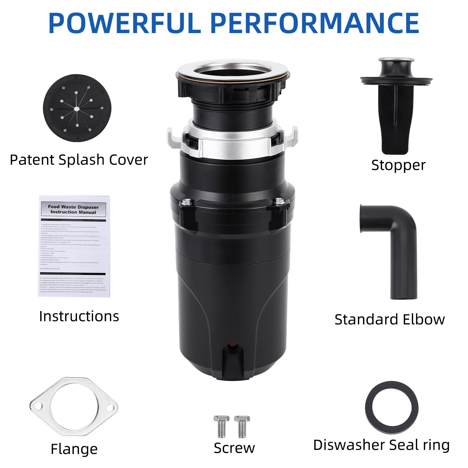 COZONY 3/4 HP Economy Garbage Disposal for Kitchen Sink, Continuous Feed Garbage Disposal with Dishwasher Connection, Stainless Steel 4 Stage Grinding, Splash Guard,Black
