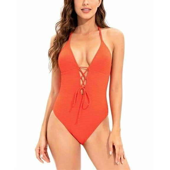 Lucky Brand Women's Golden Wave Textured Plunging Lace-Up Swimsuit Size Small S