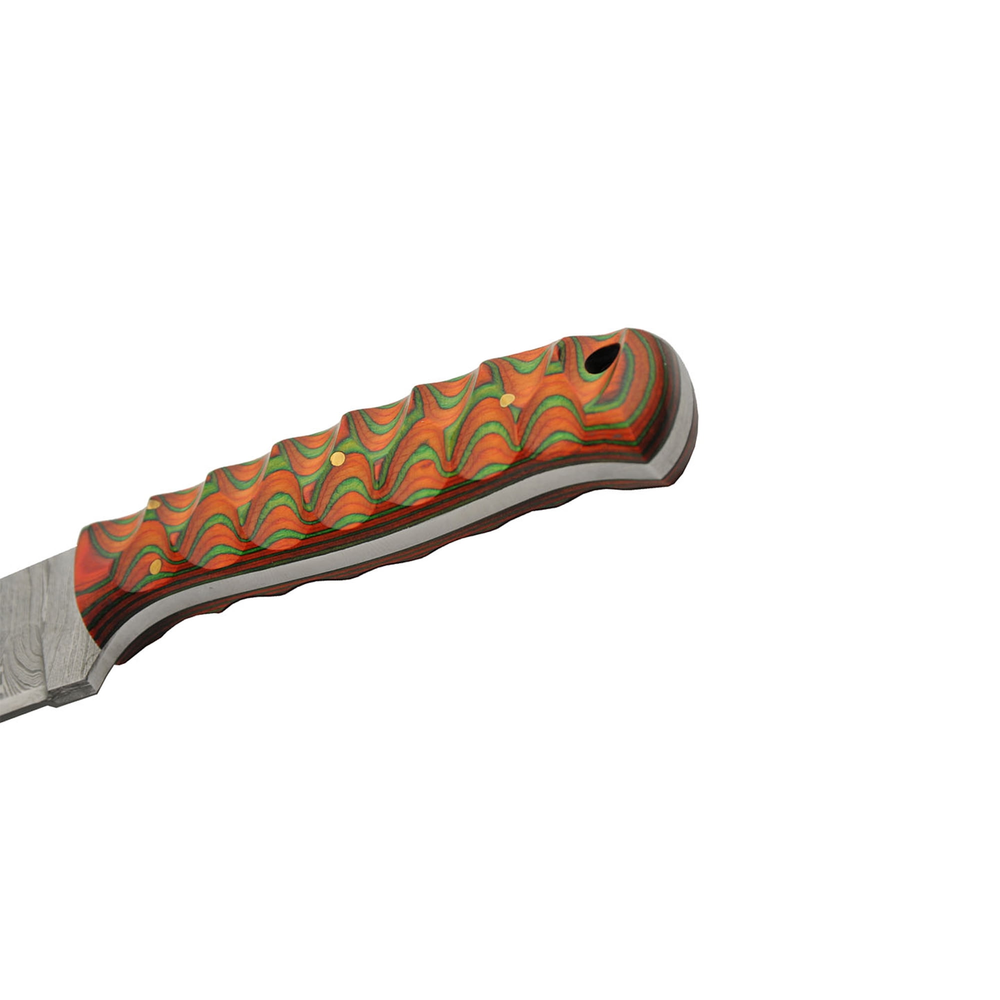 SANZ 8 Inch Exotic Hunter Knife Damascus Steel Blade Full Tang Grooved Wood Handle Lanyard Hole Leather Sheath Outdoor Fixed Blade