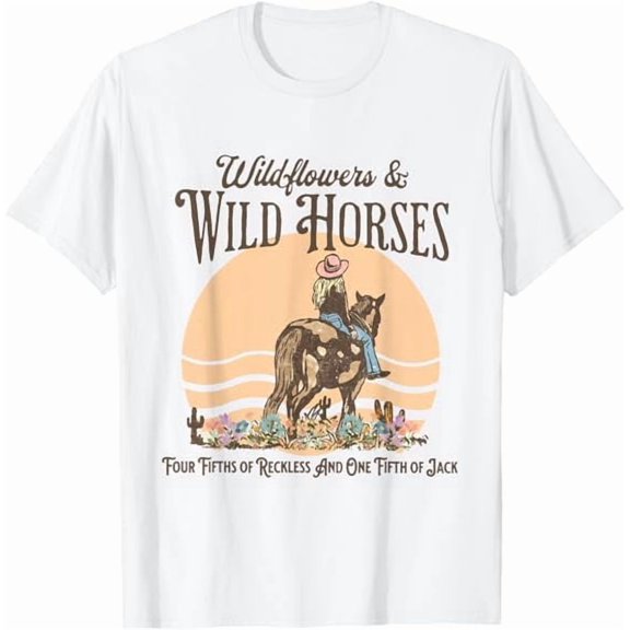 Greenink Retro Vintage Southern Sunset Cowgirl Riding Horse Wild Flowers Wild Horses T-Shirt Funny Women Girls Graphic Tees