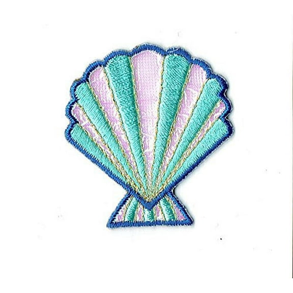 Blue/Pink Shimmery Seashell - Iron On Embroidered Applique Patch
