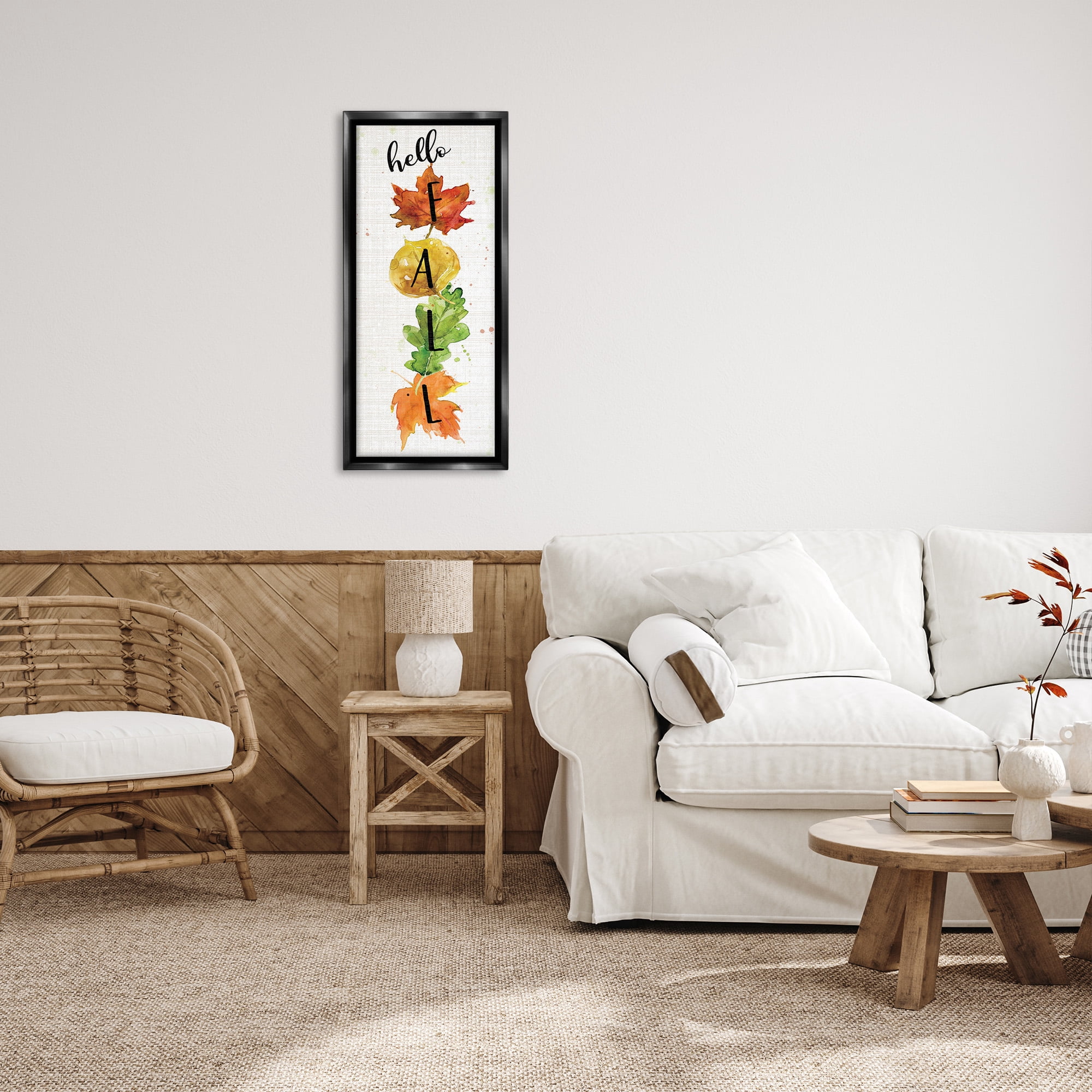 Stupell Industries Hello Fall Autumn Greeting Botanical & Floral Painting Black Floater Framed Canvas Art Print Wall Art, 15 x 31