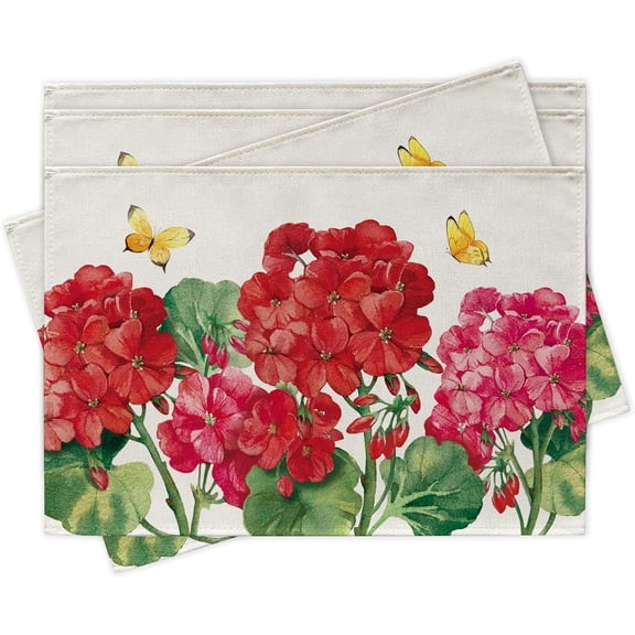 Spring Summer Geranium Flower Placemats Set of 4, Red Floral Butterfly Dining Place Mats Table Decor, Seasonal Home Kitchen Decoration 12 x 18 Inches