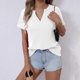 thumbnail image 4 of Mujeres de Verano Tops Nuevo Color Sólido Cuello en V Manga Corta con una Hendidura en el Doblado, Poliéster, 4 of 8