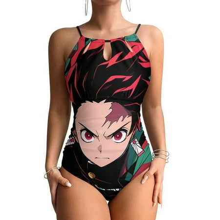Demon Slayer Kamado Tanjirou Womens Swimsuit One Piece Summer Swimwear High Neck Tummy Control Bathing Suit Mesh Beachwear