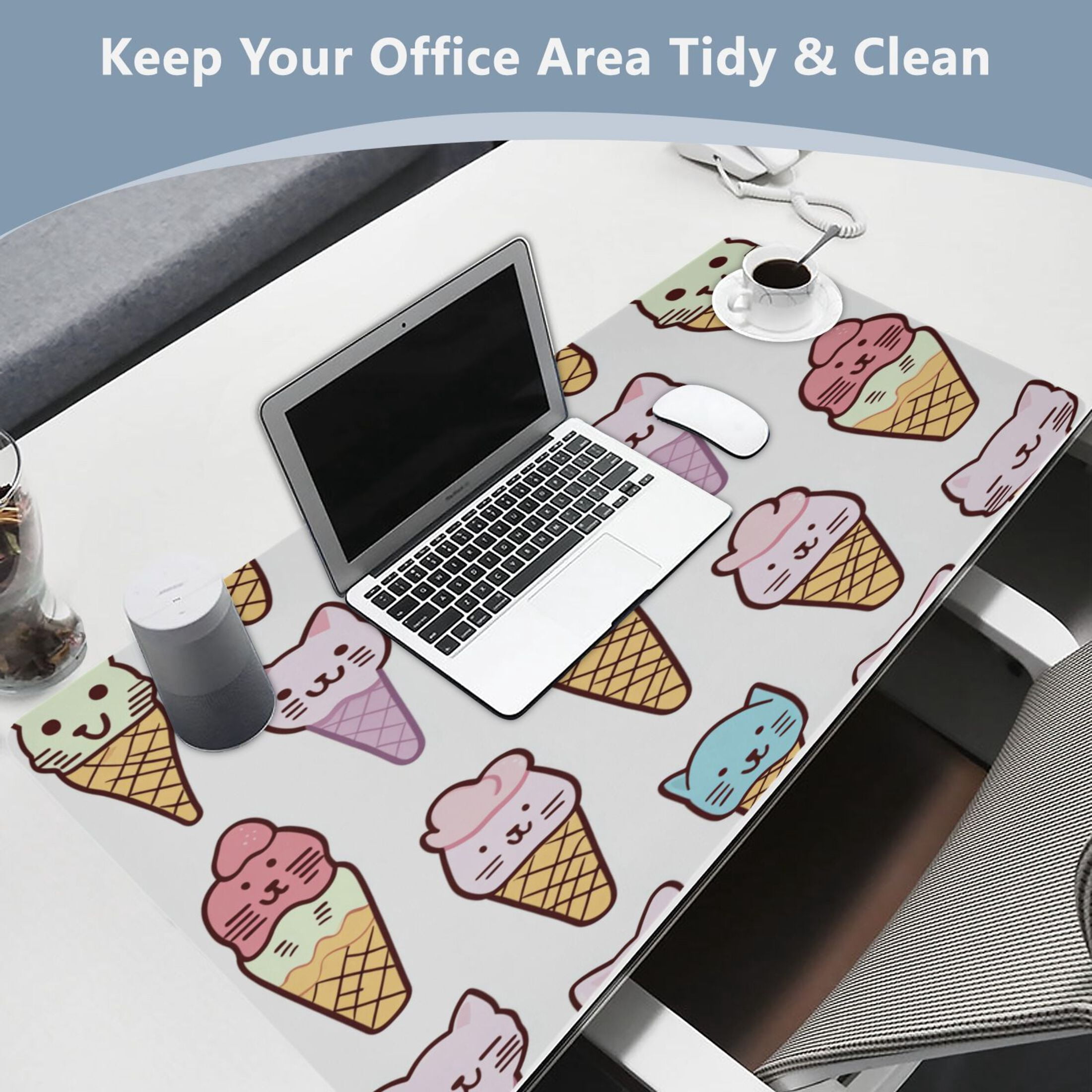 Leather Keyboard and Mouse Desk Mat Office Desk Accessories Protective Office Desk Decor Desk Pad Mat for Gaming, Work from Home, Office Cat Face Ice Cream 16.5" x 35.4"
