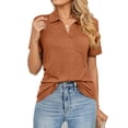 thumbnail image 1 of Slatcetga camiseta de las mujeres color puro solapa manga corta V Masajeadores cuello casual verano para oficina compras actividades al aire libre caramelo M, 1 of 6