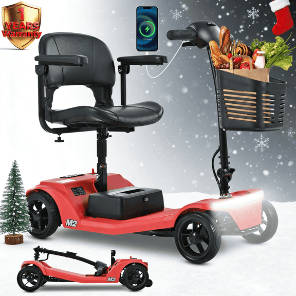 SEGMART 4 Wheel Mobility Scooter for seniors, Heavy Foldable Mobility Scooter with Front and Rear Lights and Basket, Suitable for seniors and adults,24V x 250W Motor, 330 lbs,Red