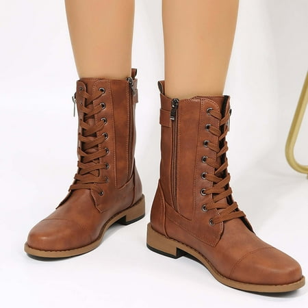 

KBKYBUYZ Women s Winter Solid Color Low-Heeled Mid Calf Boots Round-Toe Side Zipper Shoes