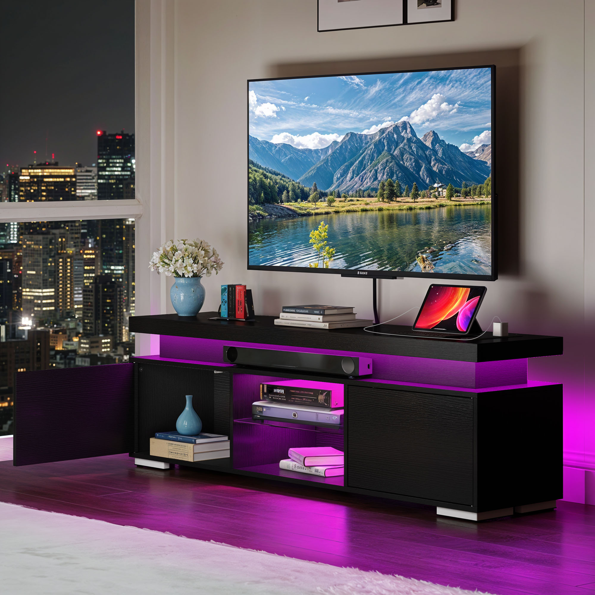 Uforic TV Stand for 65 inch TV with LED Light, Modern Entertainment Center TV Console Media Cabinet, Black