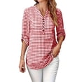 thumbnail image 2 of Warop Women's Plaid Elegant V Neck 3/4 Sleeve Button Down Blouse Shirt with Sleeve Tab for Office Work Daily Wear, 2 of 9