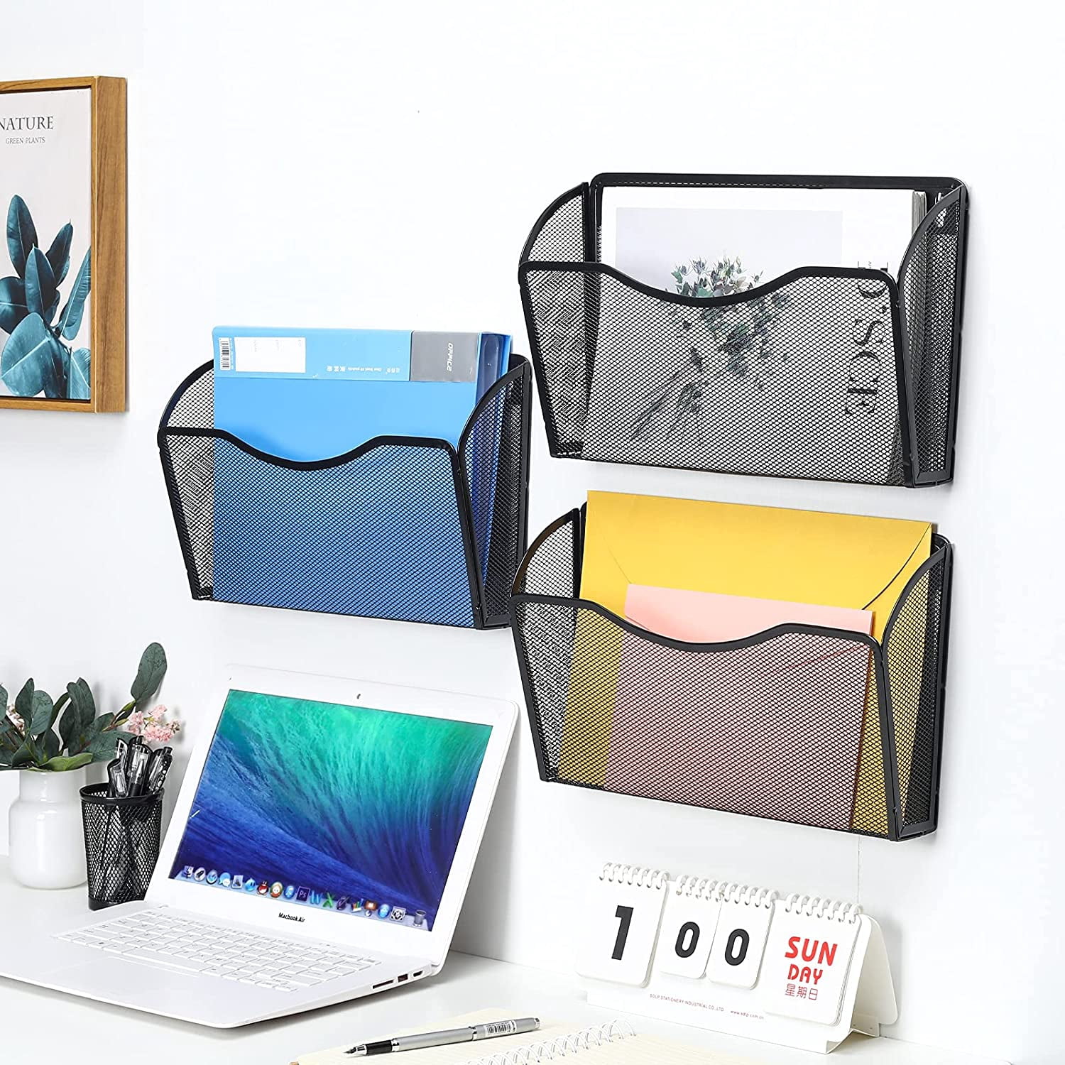 GIXUSIL Mesh File Holder Wall Organizer 3 Pockets Hanging File Organizers Wall Mounted Paper Organizer Holders Wall Bins for Office and Home, Black