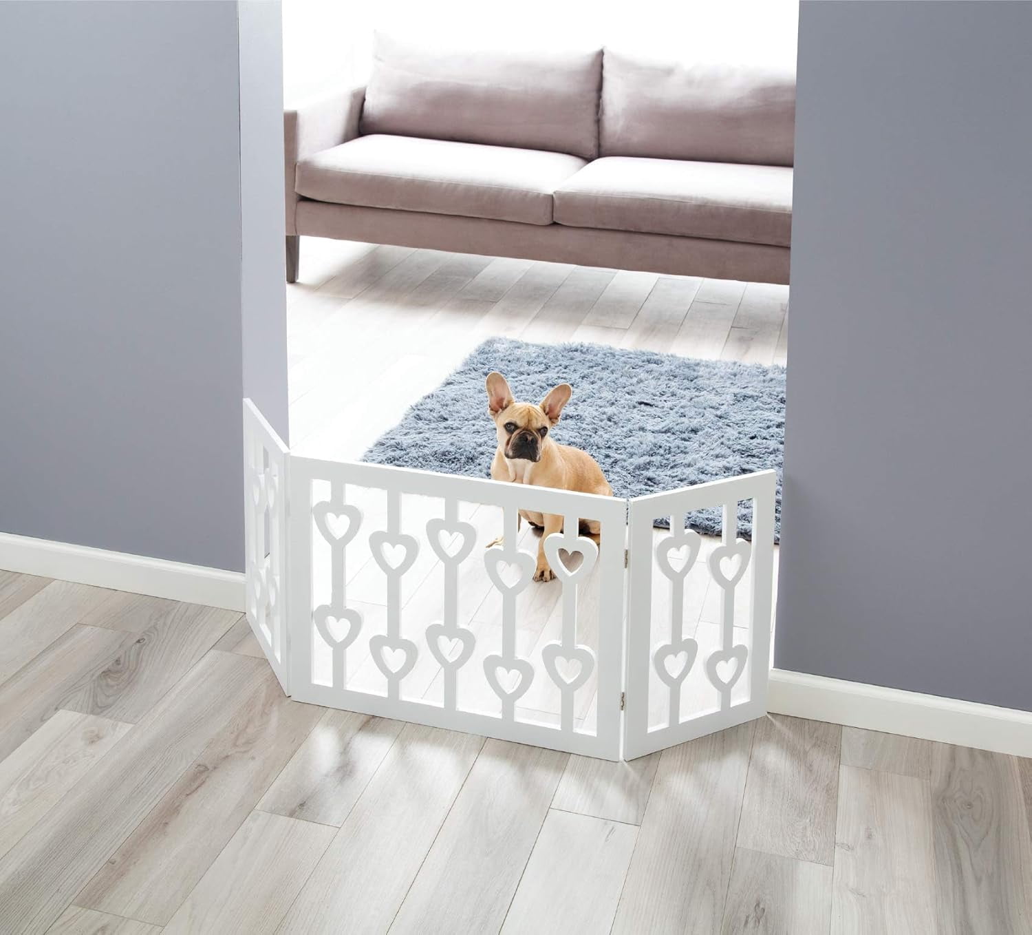 White Pet Gate - 3 Panel Wooden Hearts Design Dog Gate - Freestanding Tri Fold Durable Wood Dog Fence - Indoor/Outdoor Barrier for Stairs & Doorways