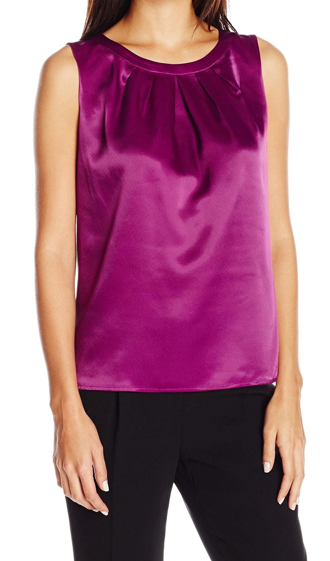 Kasper Kasper Women's Pleated Neck Tank Cami Blouse (XS, Boysenberry