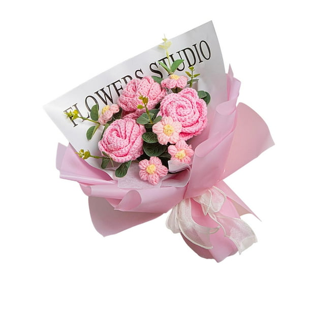 Ramo de flores de crochet, flores artificiales, arreglos florales, adorno terminado Rosa